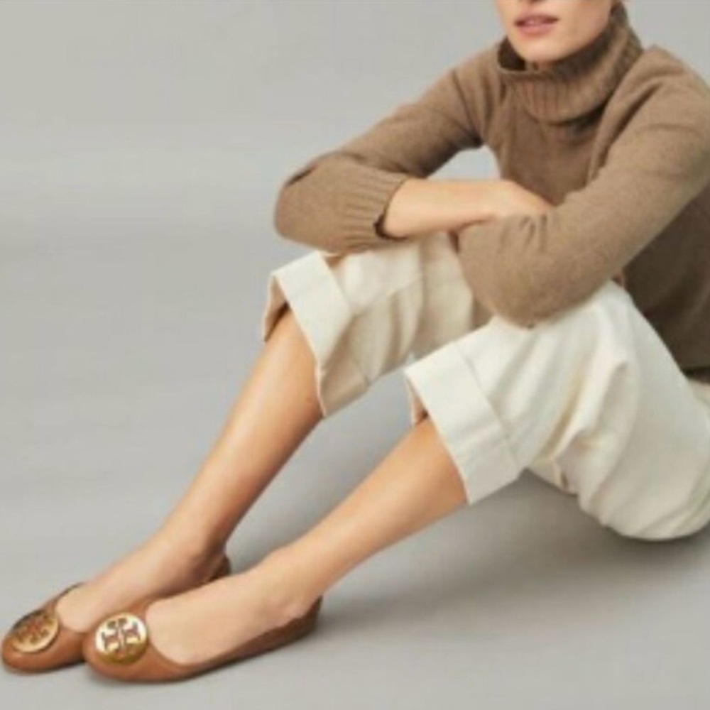Tory Burch Tan Flats with Gold Logo - Picture 2 of 9